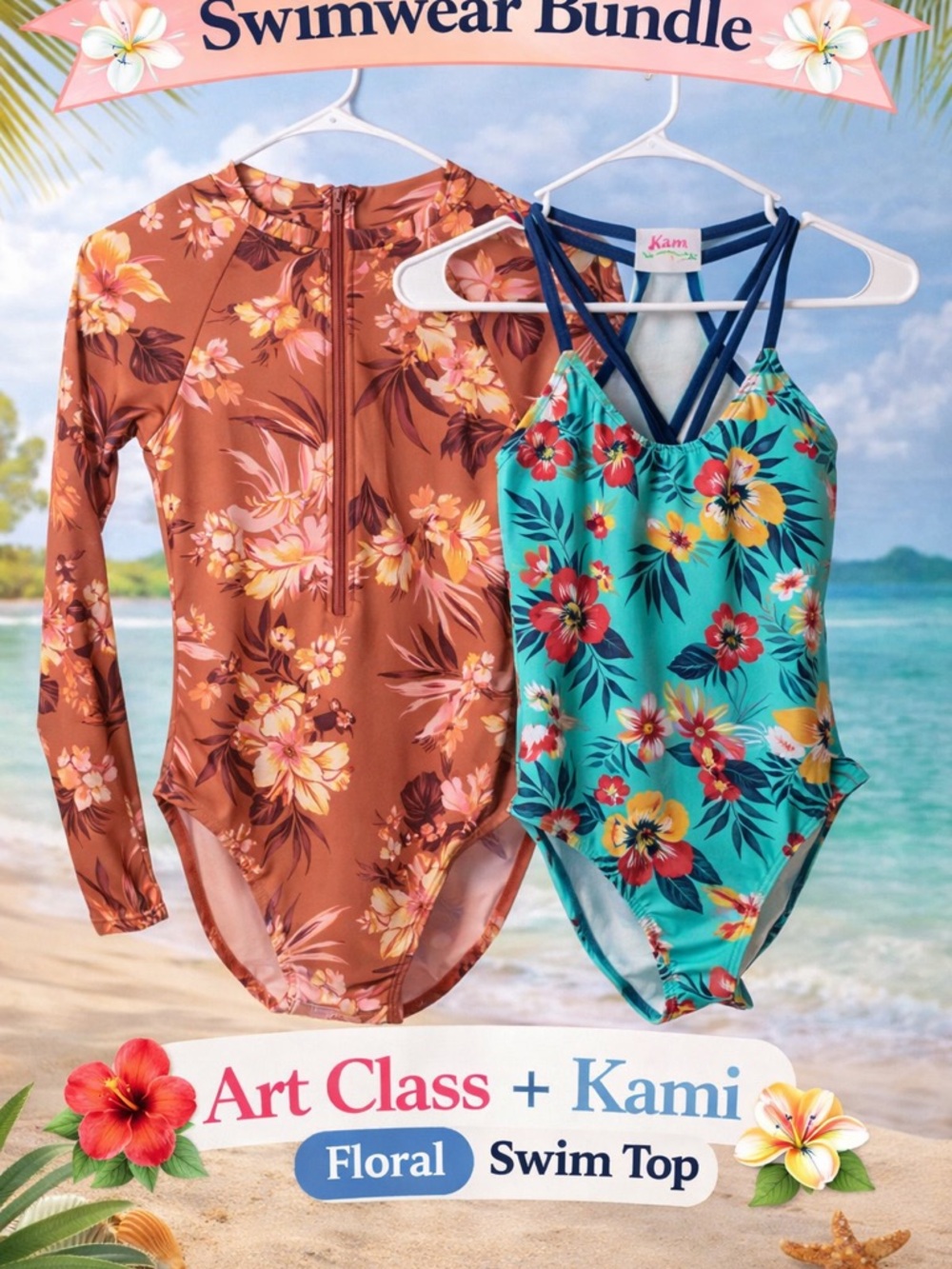 Art Class Floral One Piece + Tropical Swim Top Bundle